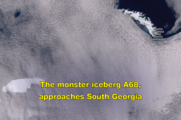 The monster iceberg A68, approaches South Georgia